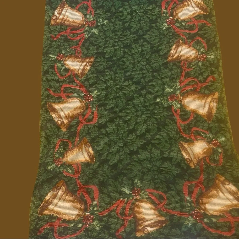 Textured Woven Festive Green Table Runner with Bells